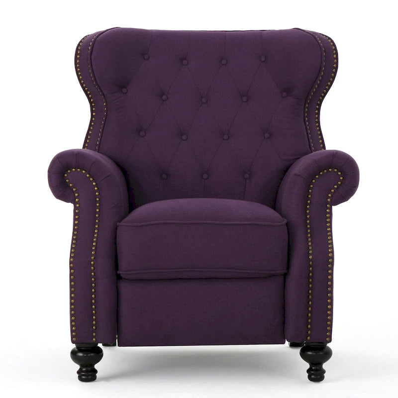 Purple Push Back Recliner with Copper Accents and Rolled Arms
