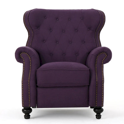 Purple Push Back Recliner with Copper Accents and Rolled Arms