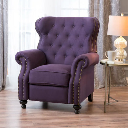 Purple Push Back Recliner with Copper Accents and Rolled Arms
