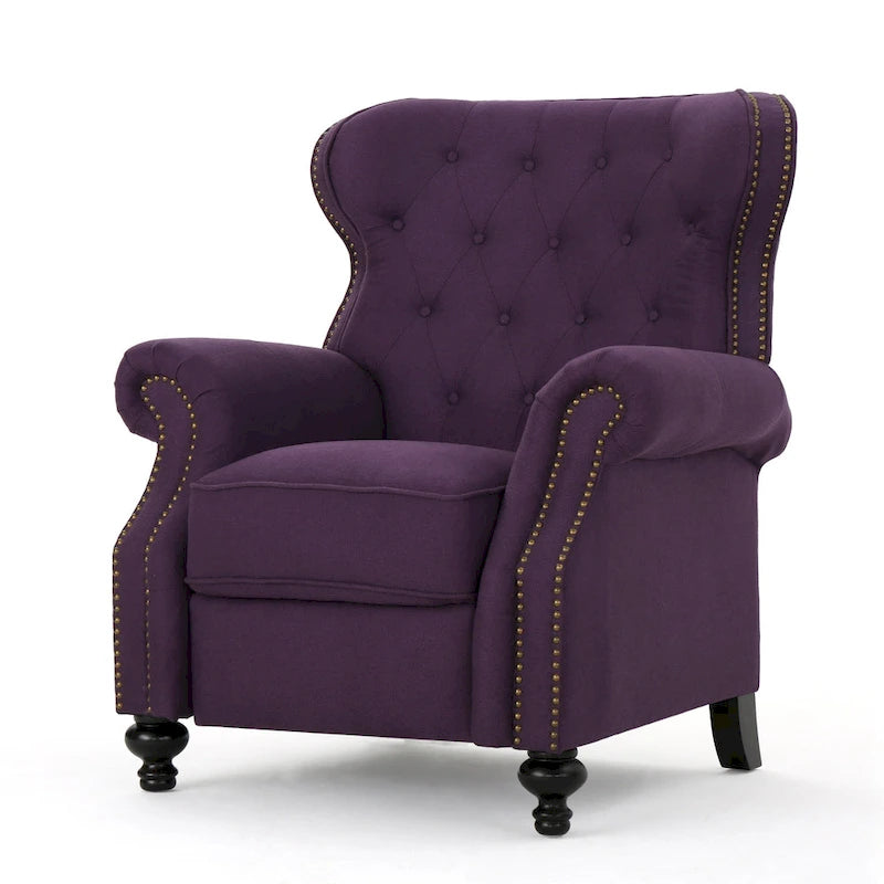 Purple Push Back Recliner with Copper Accents and Rolled Arms