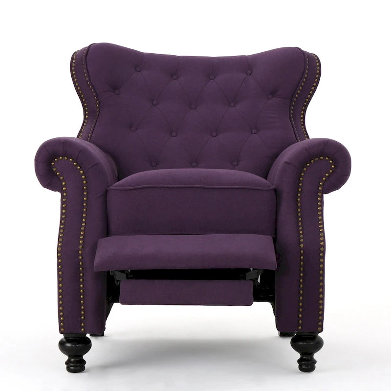 Purple Push Back Recliner with Copper Accents and Rolled Arms