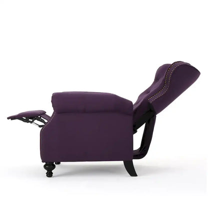 Purple Push Back Recliner with Copper Accents and Rolled Arms