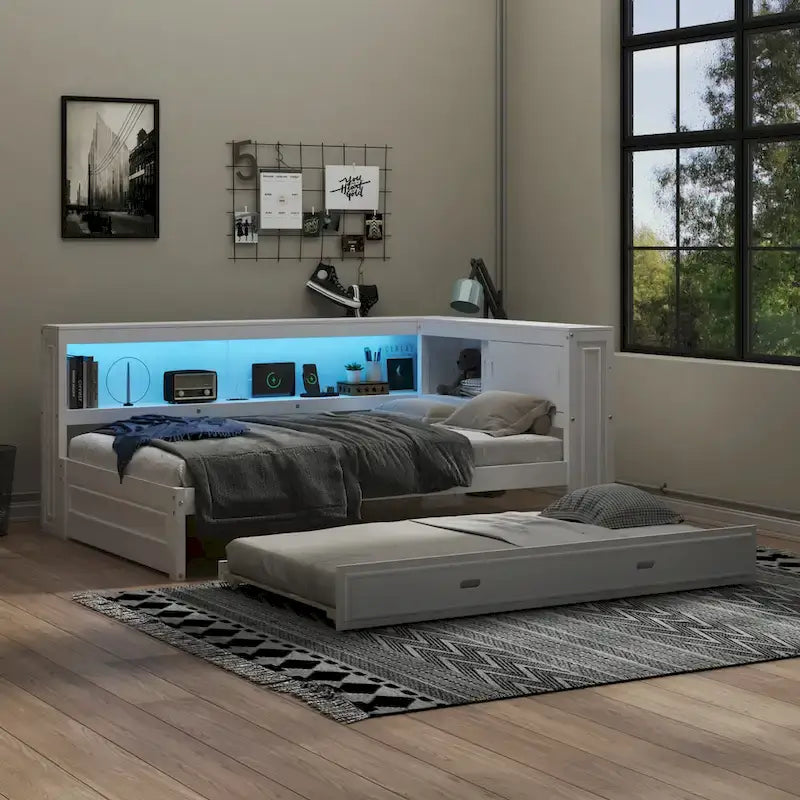 Full Daybed with Shelves, USB Charging, LED Lights & Twin Trundle