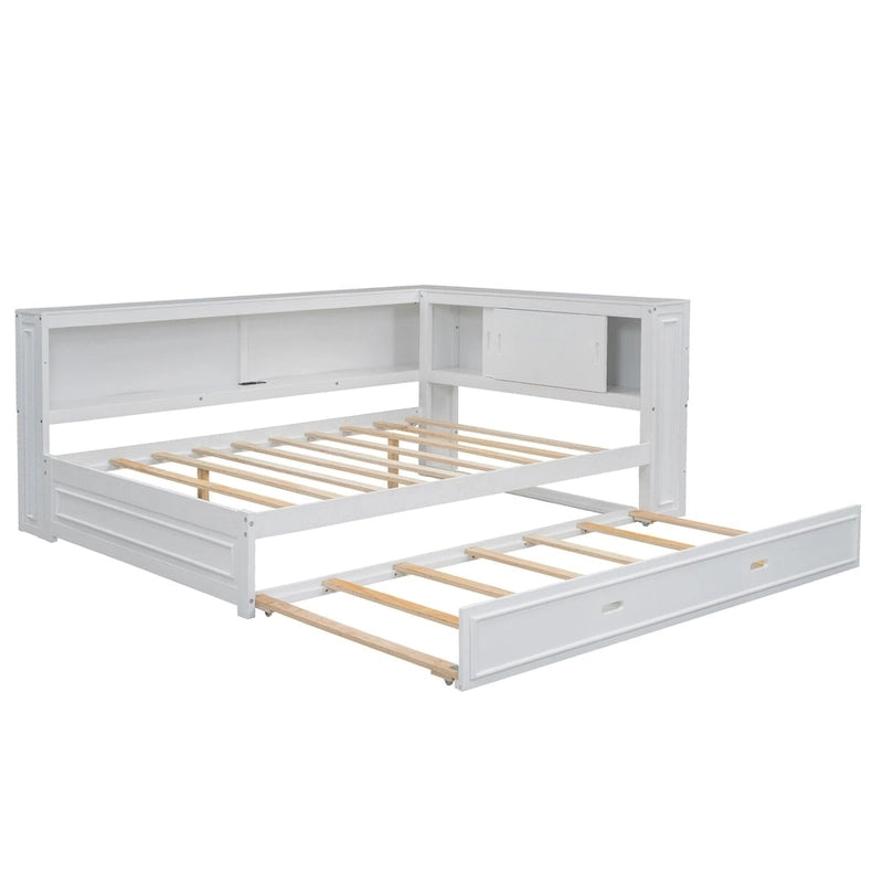 Full Daybed with Shelves, USB Charging, LED Lights & Twin Trundle
