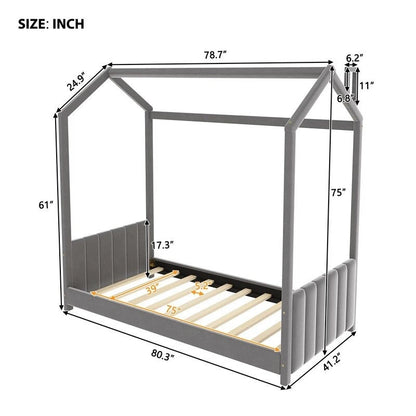 Twin Size Velvet House Bed Wood Floor Bed