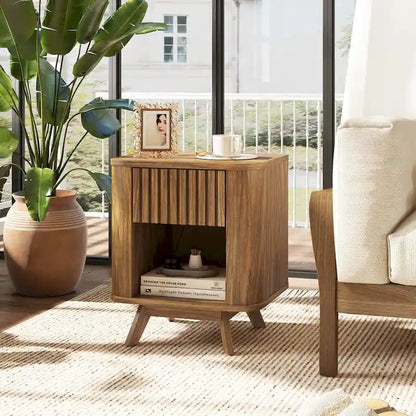 Costway 1/2 PCS Wood Nightstand with Drawer & Open Shelf Storage Home