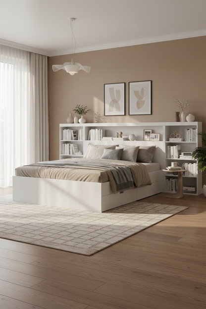 White Storage Bed with Bookcase Headboard & 6 Drawers – Twin/Full, 1–2 Person