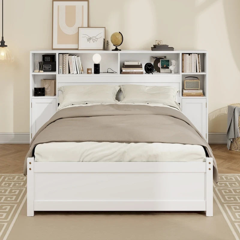 White Storage Bed with Bookcase Headboard & 6 Drawers – Twin/Full, 1–2 Person