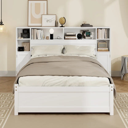 White Storage Bed with Bookcase Headboard & 6 Drawers – Twin/Full, 1–2 Person