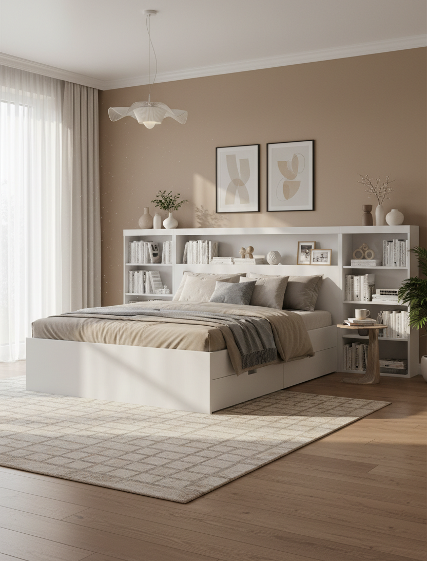White Storage Bed with Bookcase Headboard & 6 Drawers – Twin/Full, 1–2 Person