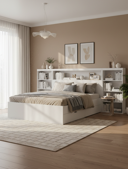White Storage Bed with Bookcase Headboard & 6 Drawers – Twin/Full, 1–2 Person
