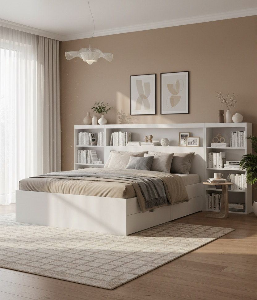 White Storage Bed with Bookcase Headboard & 6 Drawers – Twin/Full, 1–2 Person