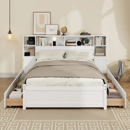White Storage Bed with Bookcase Headboard & 6 Drawers – Twin/Full, 1–2 Person