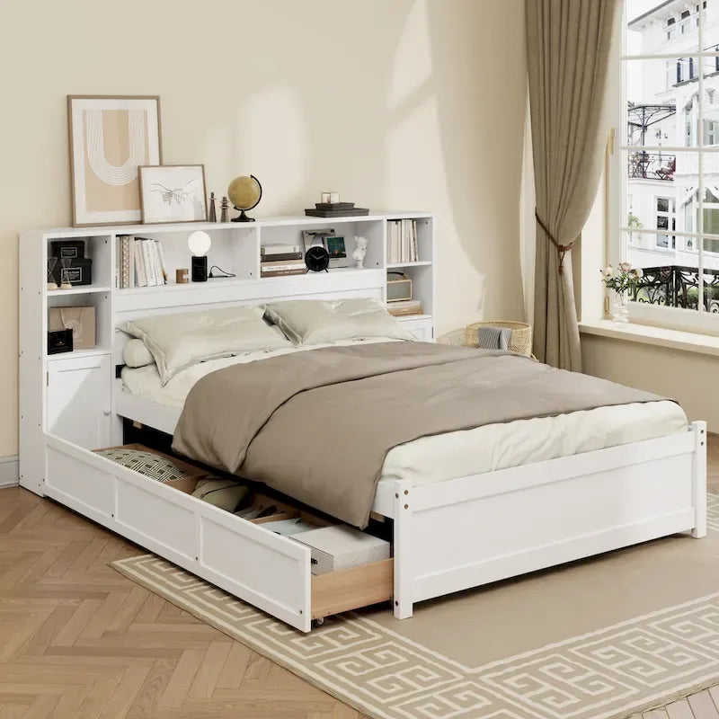 White Storage Bed with Bookcase Headboard & 6 Drawers – Twin/Full, 1–2 Person