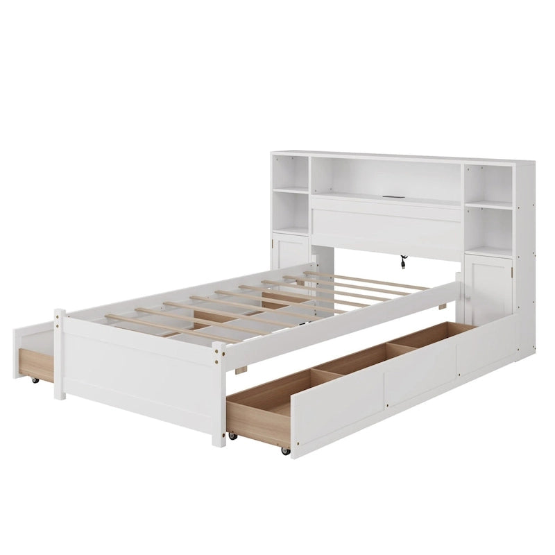 White Storage Bed with Bookcase Headboard & 6 Drawers – Twin/Full, 1–2 Person