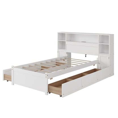 White Storage Bed with Bookcase Headboard & 6 Drawers – Twin/Full, 1–2 Person