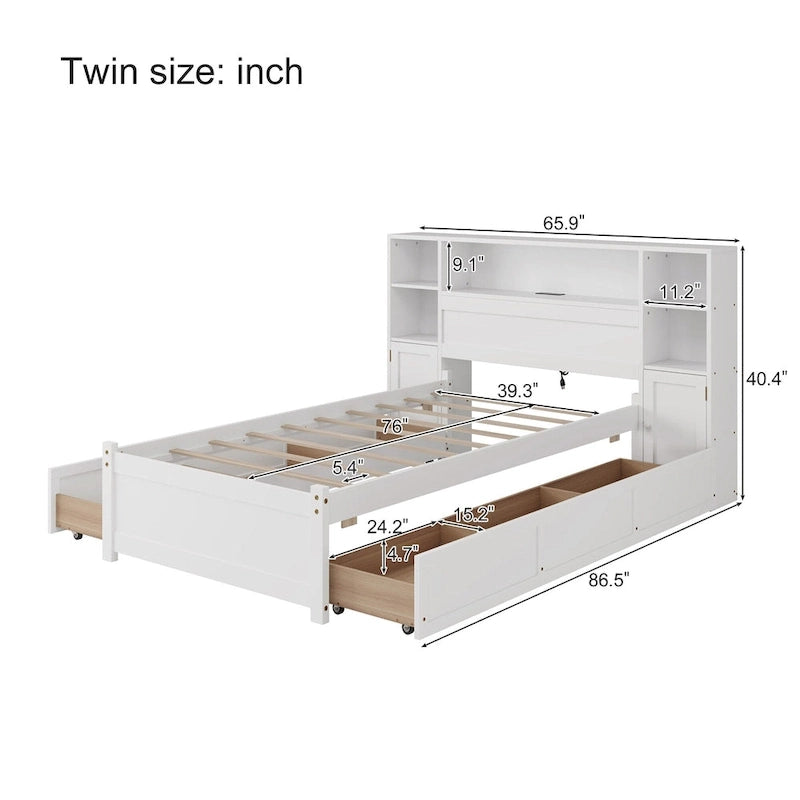 White Storage Bed with Bookcase Headboard & 6 Drawers – Twin/Full, 1–2 Person