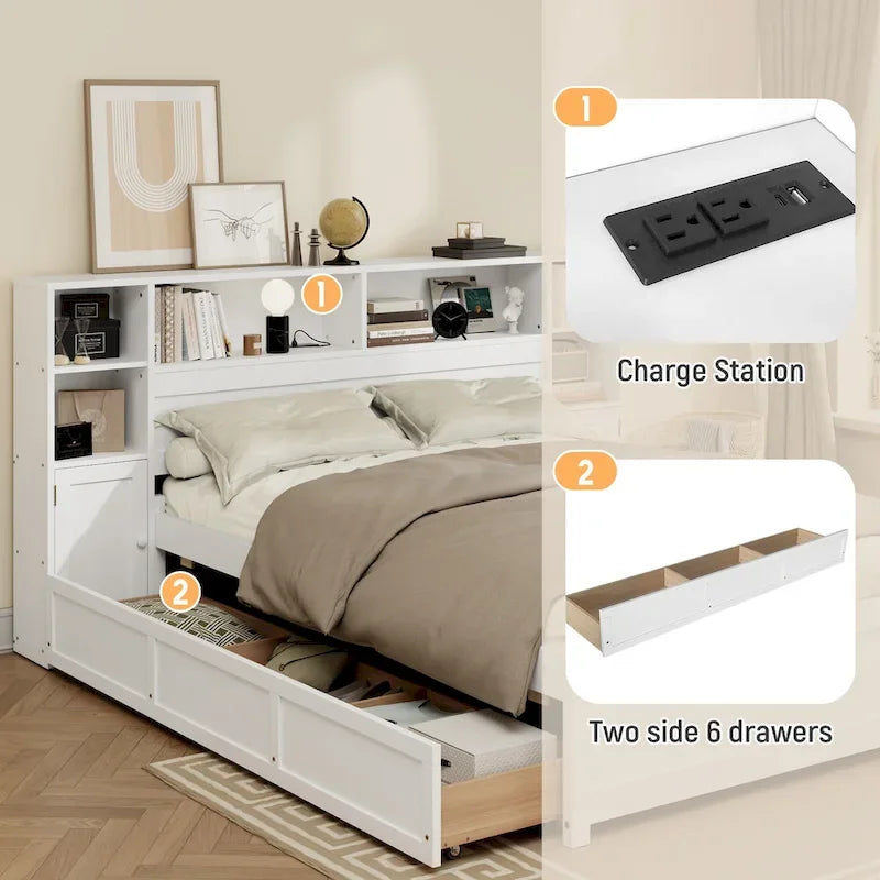 White Storage Bed with Bookcase Headboard & 6 Drawers – Twin/Full, 1–2 Person
