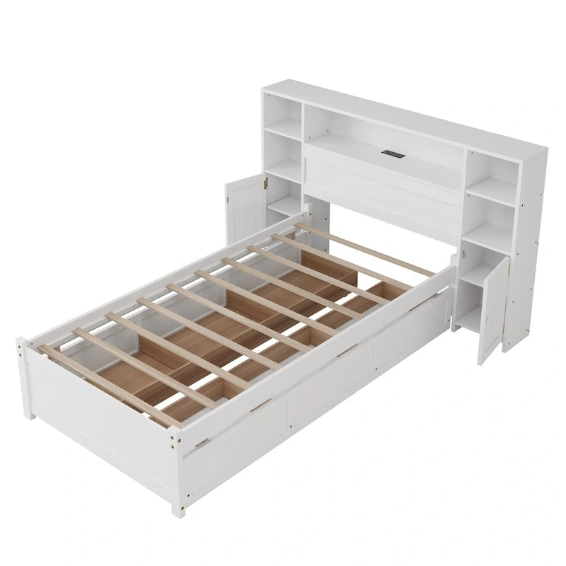 White Storage Bed with Bookcase Headboard & 6 Drawers – Twin/Full, 1–2 Person