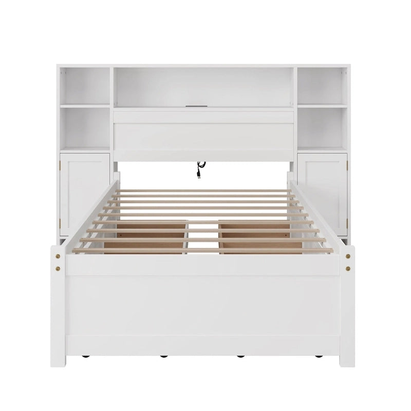 White Storage Bed with Bookcase Headboard & 6 Drawers – Twin/Full, 1–2 Person