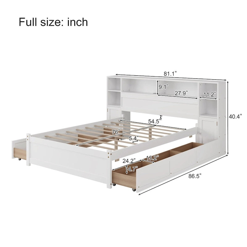 White Storage Bed with Bookcase Headboard & 6 Drawers – Twin/Full, 1–2 Person