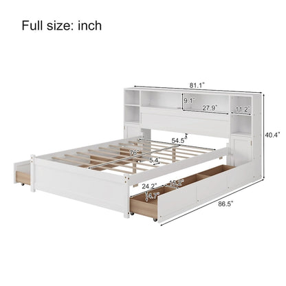 White Storage Bed with Bookcase Headboard & 6 Drawers – Twin/Full, 1–2 Person