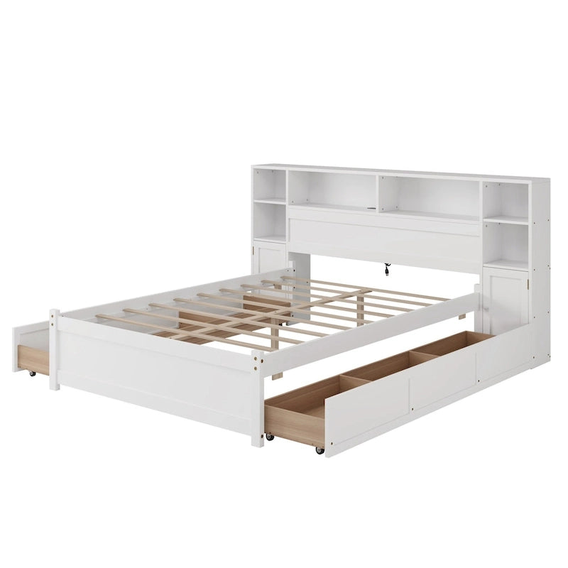 White Storage Bed with Bookcase Headboard & 6 Drawers – Twin/Full, 1–2 Person