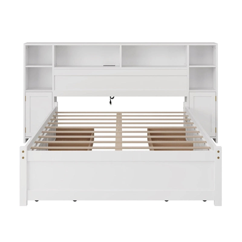 White Storage Bed with Bookcase Headboard & 6 Drawers – Twin/Full, 1–2 Person