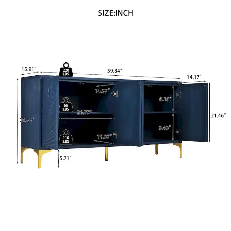 4-Door Sideboard with Arched Grooves and Adjustable Shelves