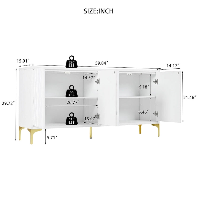 4-Door Sideboard with Arched Grooves and Adjustable Shelves