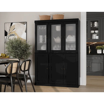 Solid Wood Pantry China Cabinet with Frosted Glass Doors and 2 Drawers