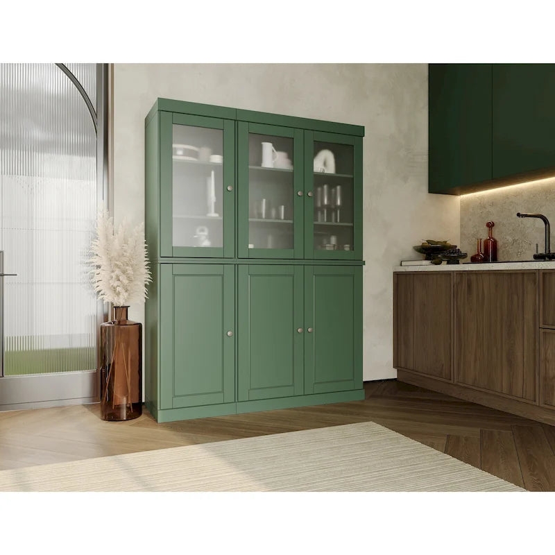 Solid Wood Pantry China Cabinet with Frosted Glass Doors and 2 Drawers