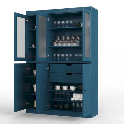 Solid Wood Pantry China Cabinet with Frosted Glass Doors and 2 Drawers