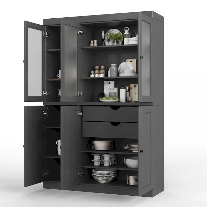 Solid Wood Pantry China Cabinet with Frosted Glass Doors and 2 Drawers