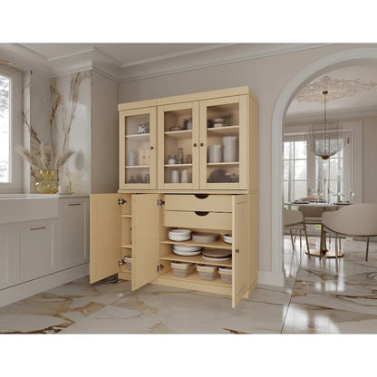 Solid Wood Pantry China Cabinet with Frosted Glass Doors and 2 Drawers