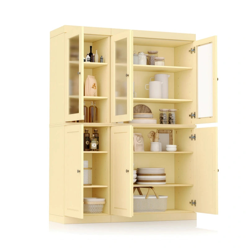 Solid Wood Pantry China Cabinet with Frosted Glass Doors and 2 Drawers