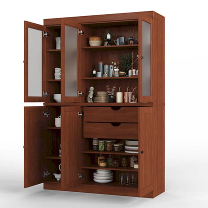 Solid Wood Pantry China Cabinet with Frosted Glass Doors and 2 Drawers