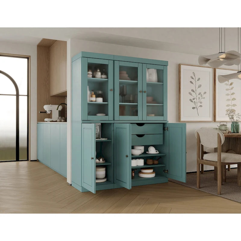 Solid Wood Pantry China Cabinet with Frosted Glass Doors and 2 Drawers