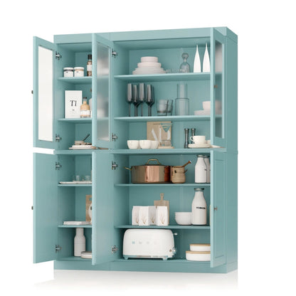 Solid Wood Pantry China Cabinet with Frosted Glass Doors and 2 Drawers