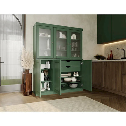 Solid Wood Pantry China Cabinet with Frosted Glass Doors and 2 Drawers