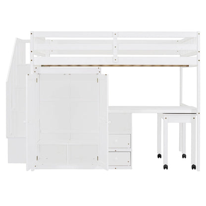 Full Size Loft Bed with Stairs, Bookshelf, Desk & Wardrobe - Space-Saving Multifunctional Furniture for Kids & Teens-White