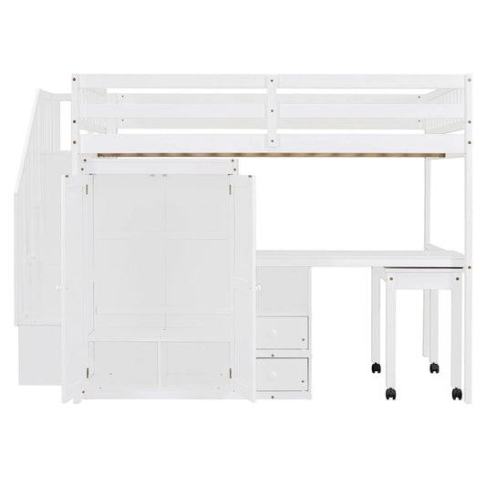 Full Size Loft Bed with Stairs, Bookshelf, Desk & Wardrobe - Space-Saving Multifunctional Furniture for Kids & Teens-White