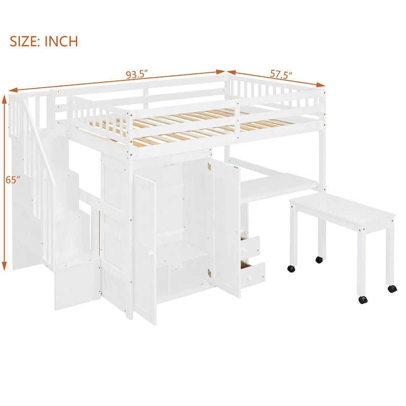 Full Size Loft Bed with Stairs, Bookshelf, Desk & Wardrobe - Space-Saving Multifunctional Furniture for Kids & Teens-White