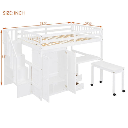 Full Size Loft Bed with Stairs, Bookshelf, Desk & Wardrobe - Space-Saving Multifunctional Furniture for Kids & Teens-White