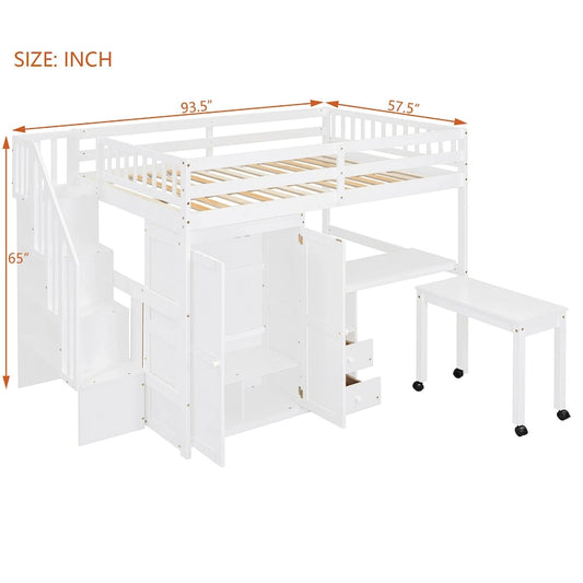 Full Size Loft Bed with Stairs, Bookshelf, Desk & Wardrobe - Space-Saving Multifunctional Furniture for Kids & Teens-White