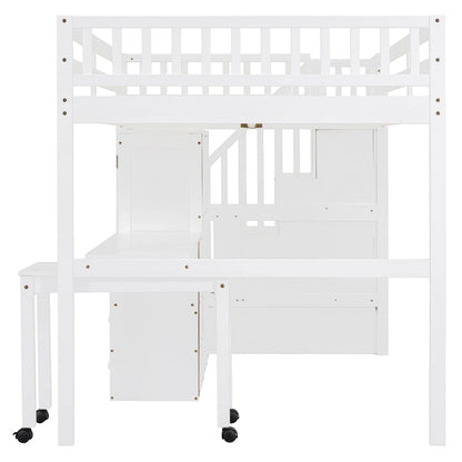 Full Size Loft Bed with Stairs, Bookshelf, Desk & Wardrobe - Space-Saving Multifunctional Furniture for Kids & Teens-White