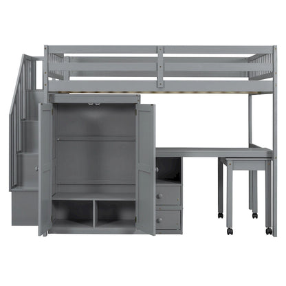 Full Size Loft Bed with Stairs, Bookshelf, Desk & Wardrobe - Space-Saving Multifunctional Furniture for Kids & Teens-White