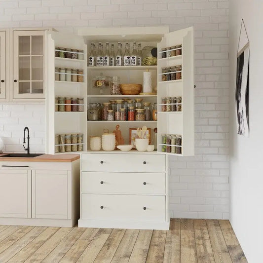 77 Farmhouse-Style Freestanding Pantry  Spacious Kitchen Storage Cabinet with 3 Adjustable Shelves, 8 Door Racks & 3 Drawers.