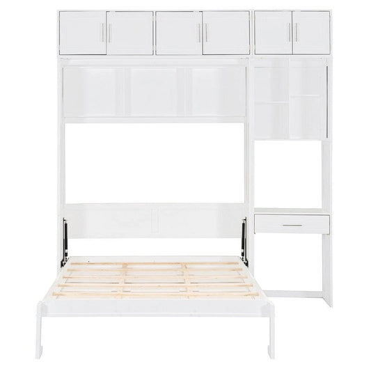 Full Size Wall Murphy Bed with Desk, Top Cabinet and Storage Shelves, Space Saving Foldable Bed,White