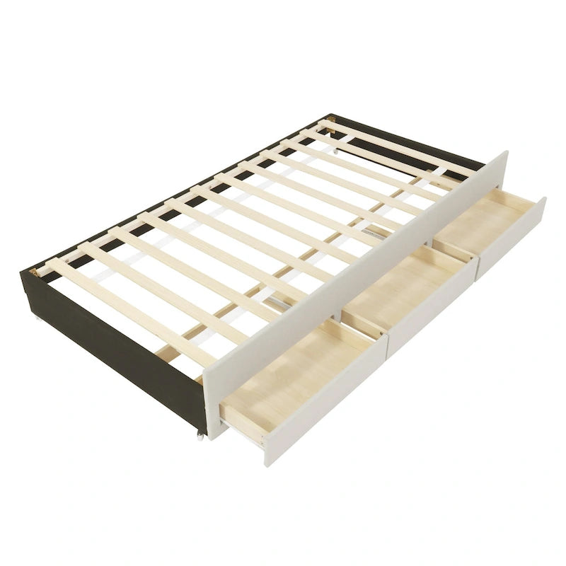 Linen Fabric Upholstered Platform Bed with Stripe Headboard & Footboard, Pull-out Trundle Bed & 3 Drawers, Wood Panel Bed